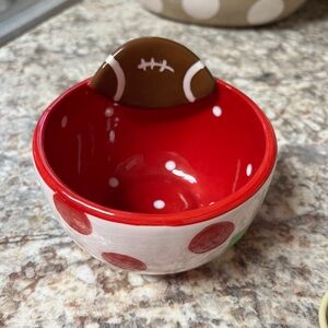 Vintage red and white Coton Colors football embellishment appetizer bowl